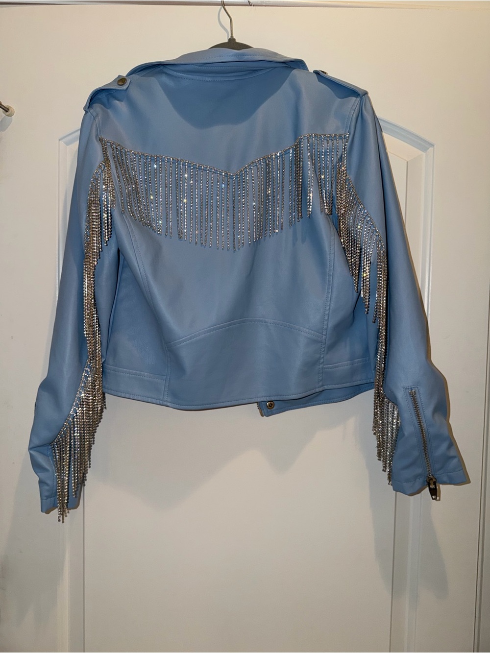 Buddy Love Powder Blue Fringe Moto Jacket with Silver Chains - Picture 3 of 3